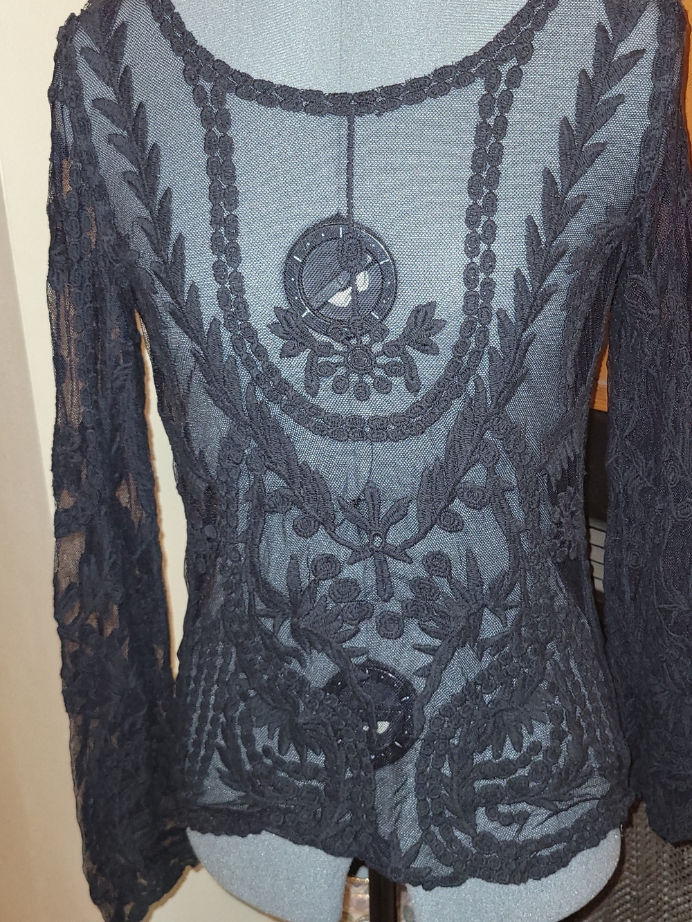 Cupio Black Sheer Embroidered Long-Sleeve Lace Top